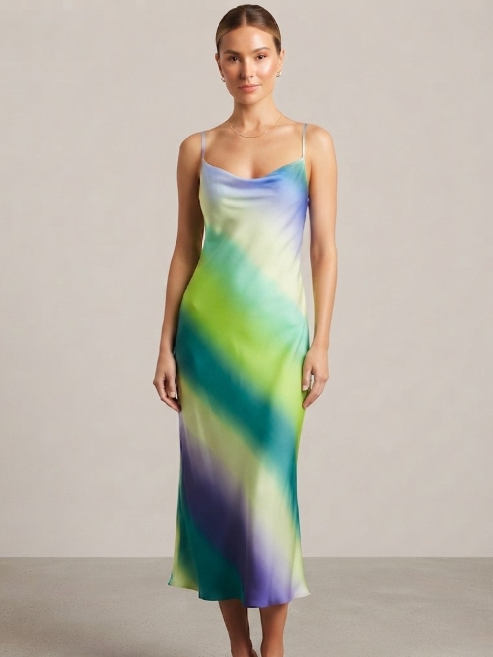 Zara Women's Summer Slip Midi Dress in Green Blue Ombre Medium